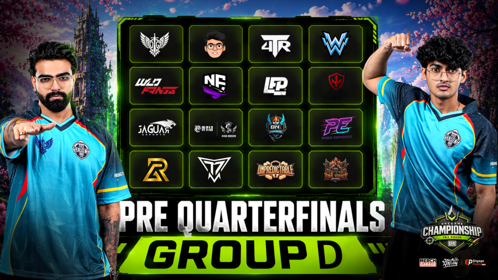 Esports banner showing two players flanking a 5x3 grid of team logos for the Pre Quarterfinals, Group D, with bright green accents and a stadium-like backdrop.
